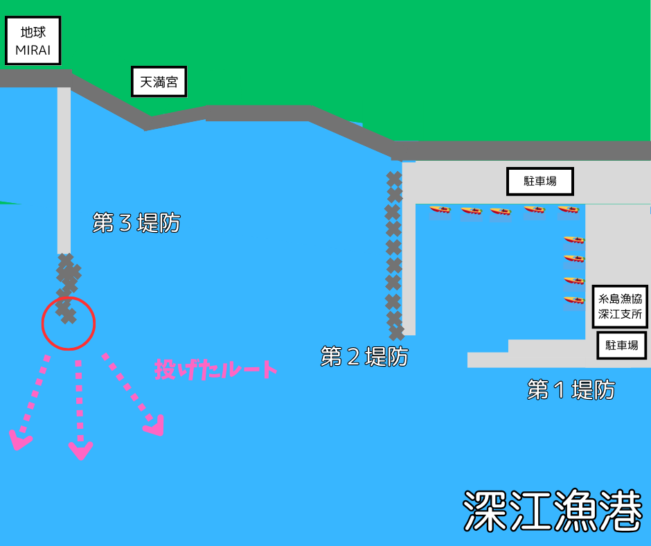 今回の深江漁港の第3堤防で釣ったポイント