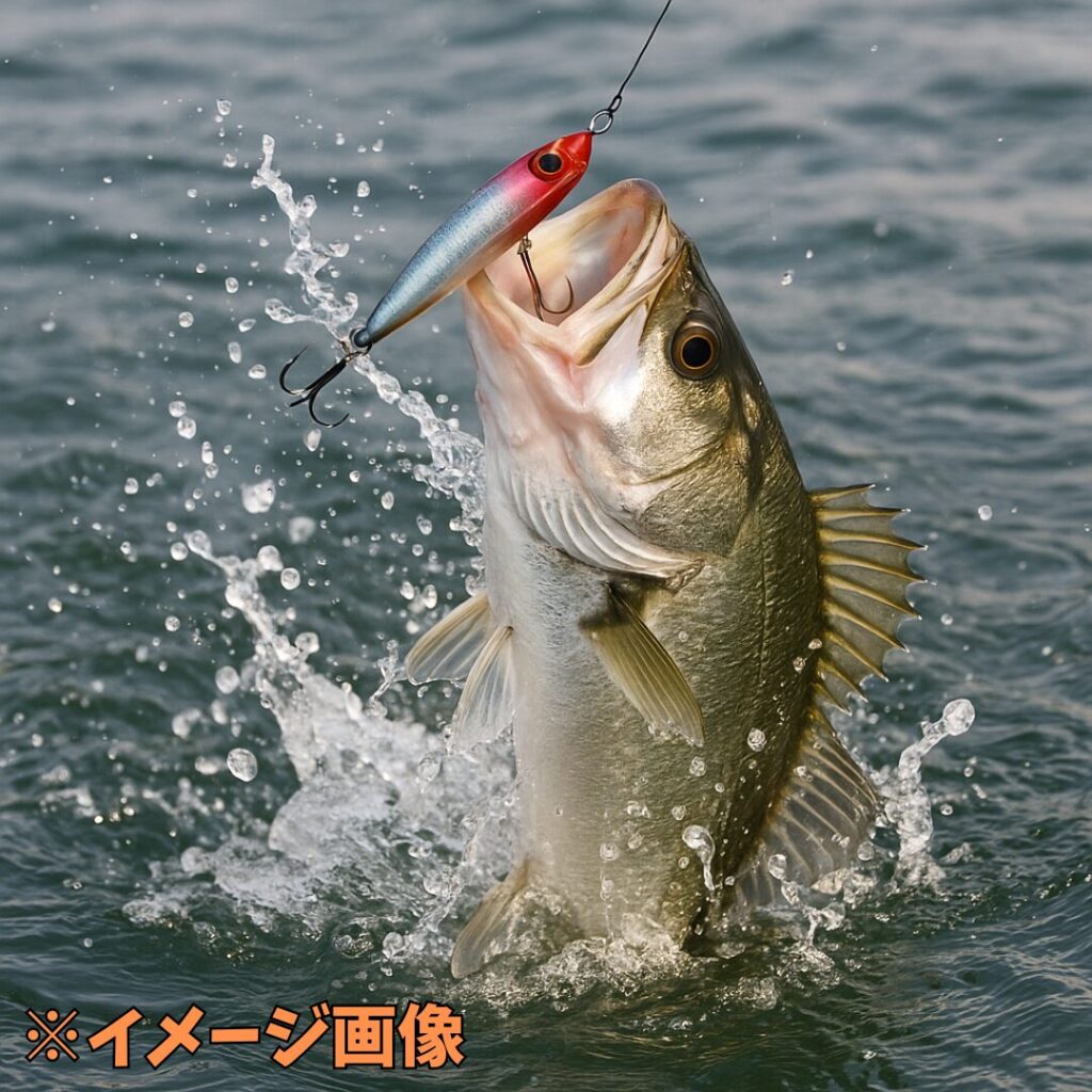 鱸が水面でエラ洗いをして、口からルアーが外れているイメージ画像