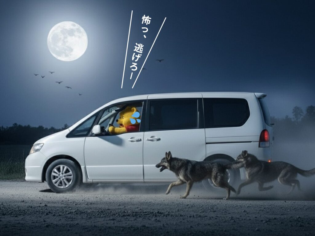 車運転中に野犬に追いかけられている