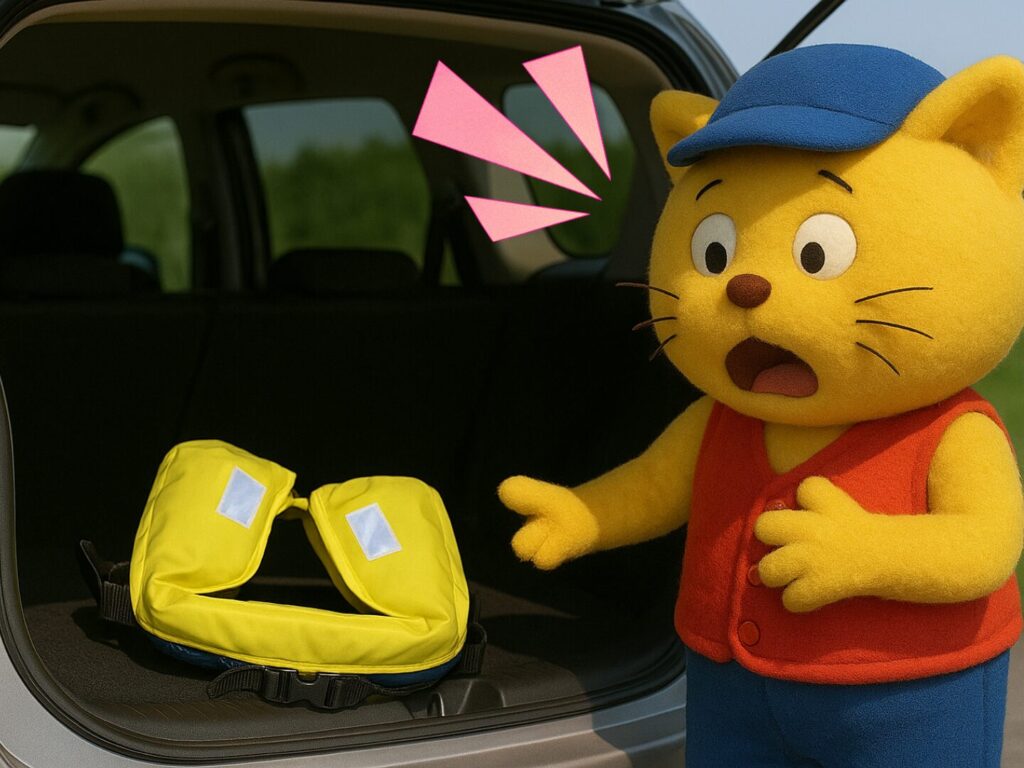 車のトランクルームでライフジャケットが膨張しており、猫のキャラクターが驚いている。