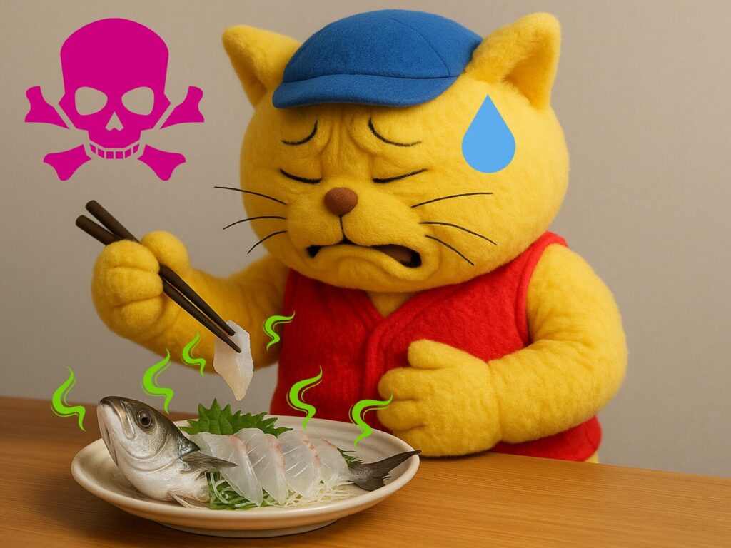 持ち帰った魚を食べたが、保冷温度が高く、お腹を壊しているイメージ図