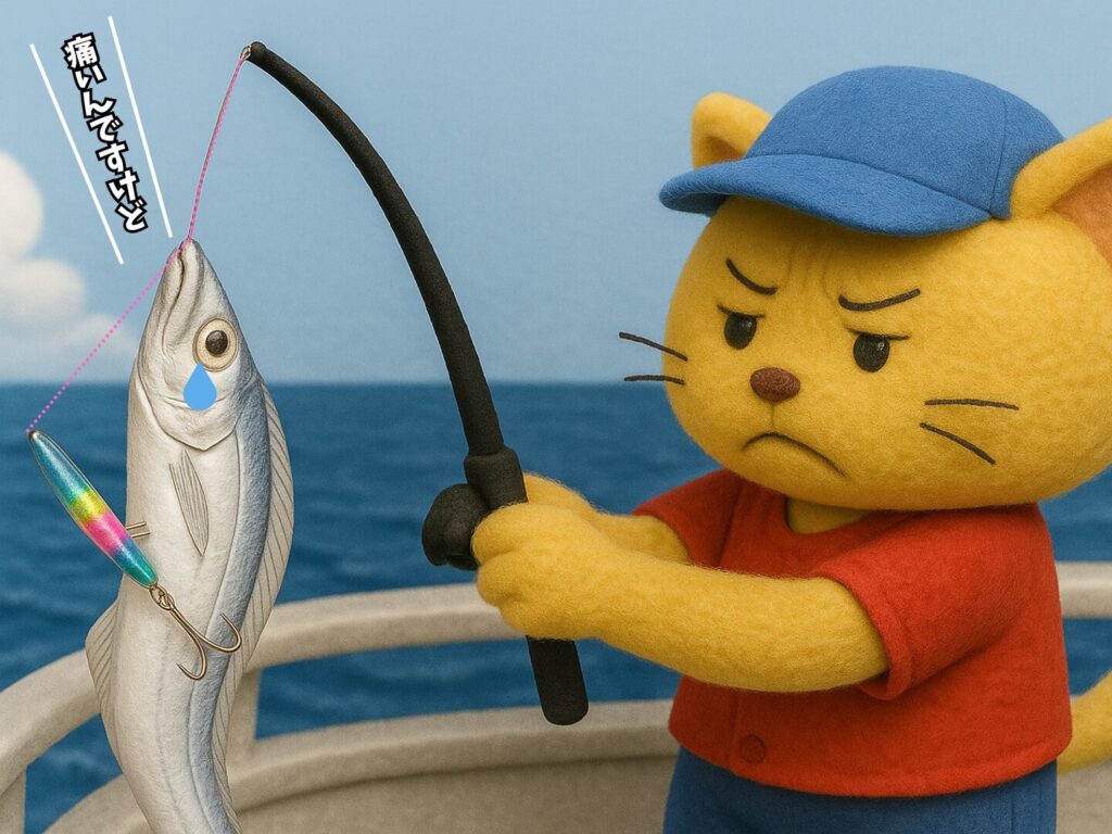 せっかくタチウオが釣れたがお腹にジグが刺さっている