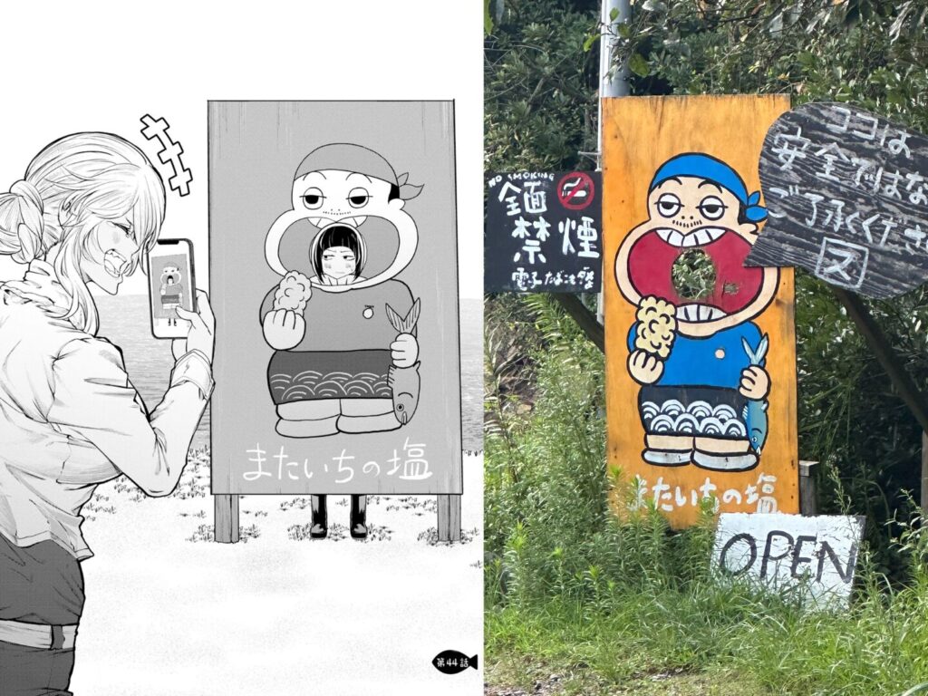 カワセミさんの釣りごはんの表紙とまたいちの塩の看板写真