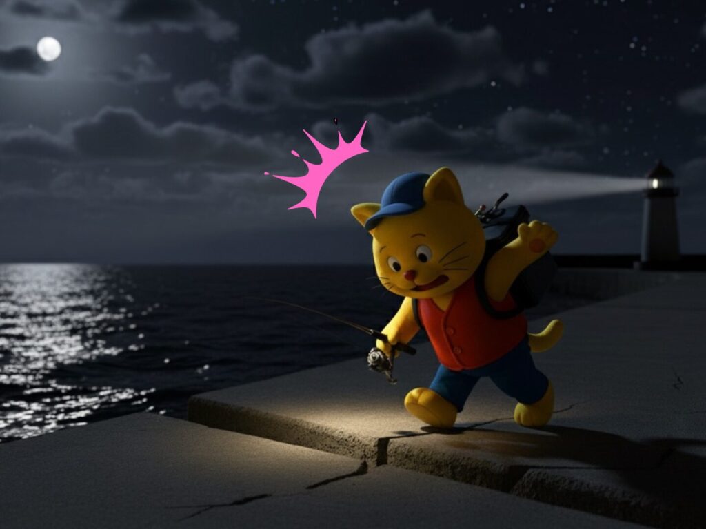 ネコのキャラクターが夜の堤防を歩いているが、ヘッドライトを装着していないため、段差で躓いている
