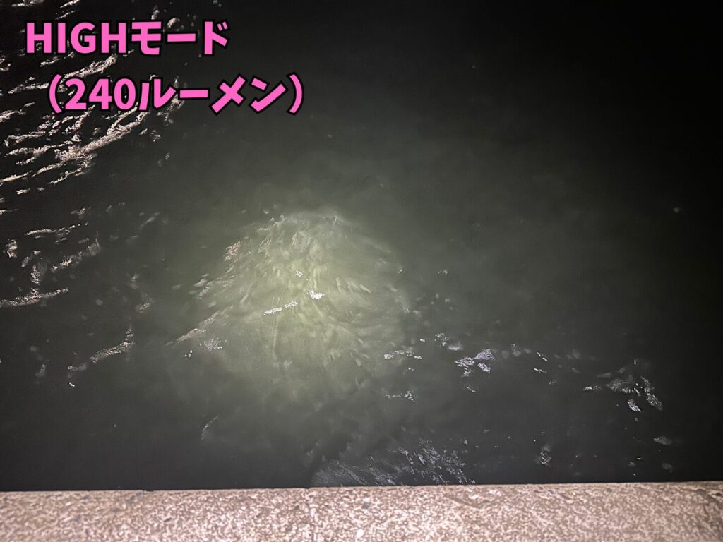 HIGHモードの240ルーメンで水面を照らしている画像