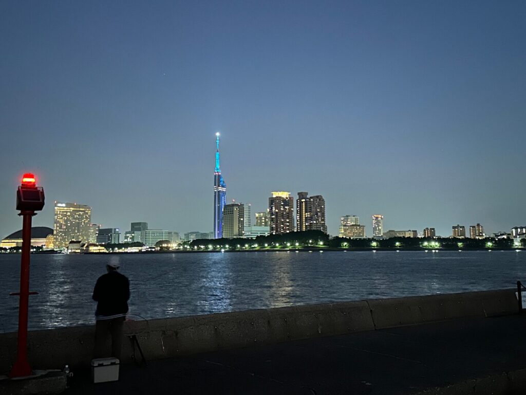 室見川の反対側に見える福岡タワー。夕方で非常に暗くなっている。