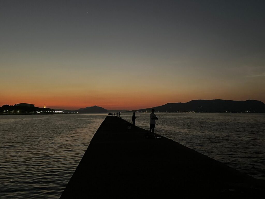 夕マヅメの堤防。ライトがないと見えないくらい暗い。