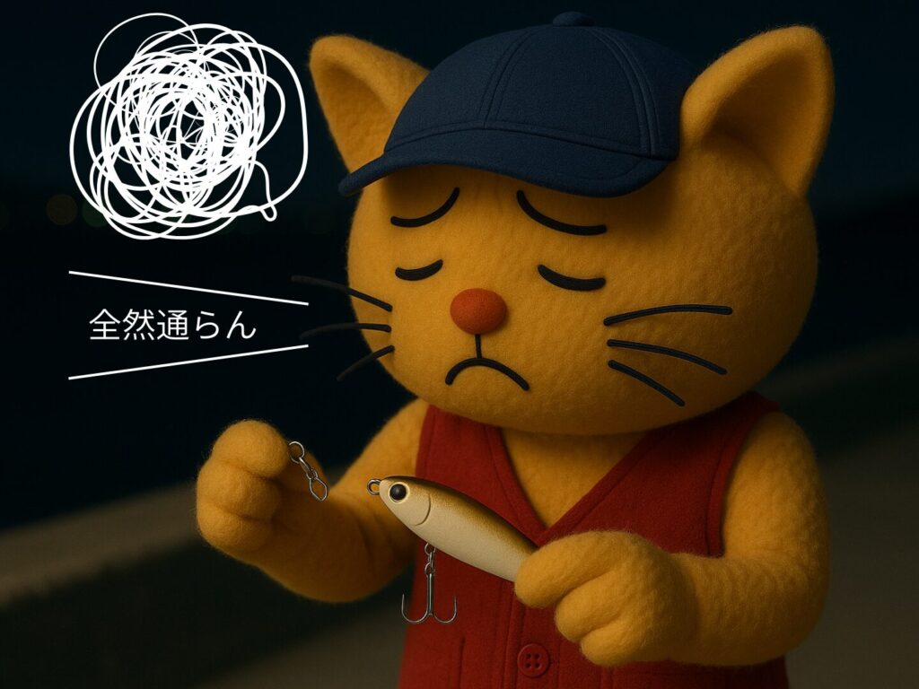 ルアーとスナップが暗くて通らずにイライラしているネコ