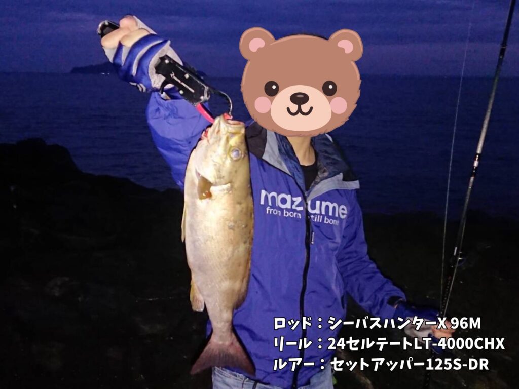 私がセットアッパー125S-DRにてイサキを釣り上げた写真