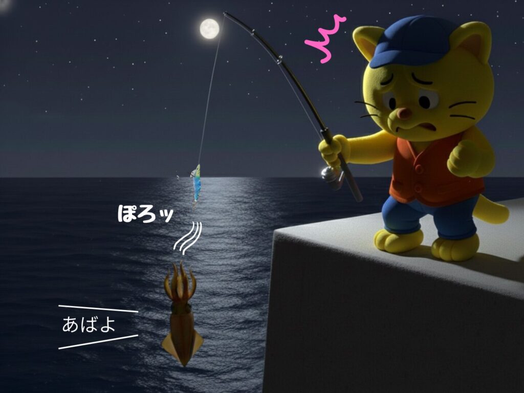 足元でアオリイカをバラしている