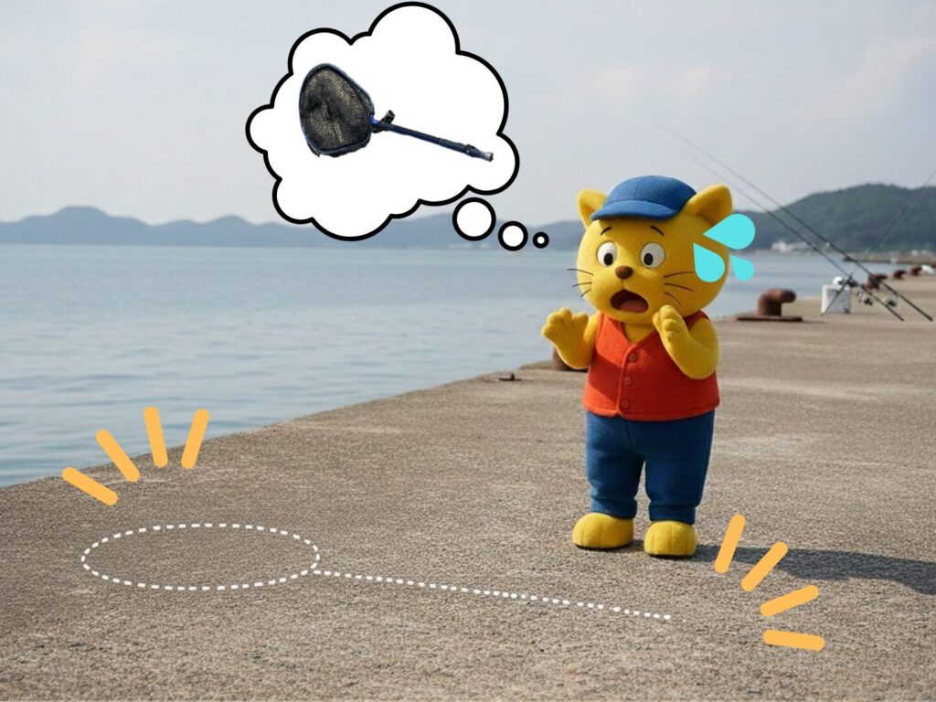 置き忘れたタモがなくなって驚いている姿