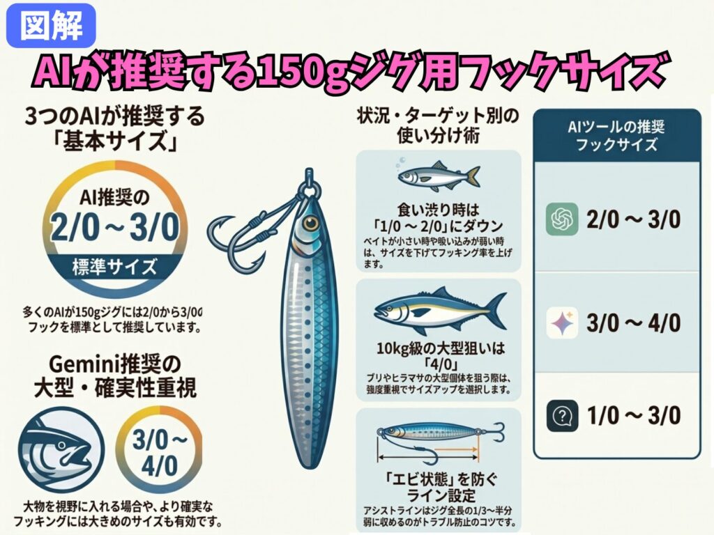 AIが水曜する150gジグ用フックサイズ