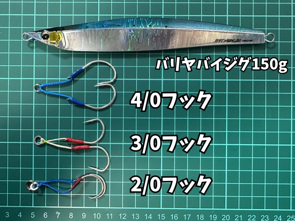 バリヤバイジグ150gに4/0フック、3/0フック、2/0フックを合わせてみた