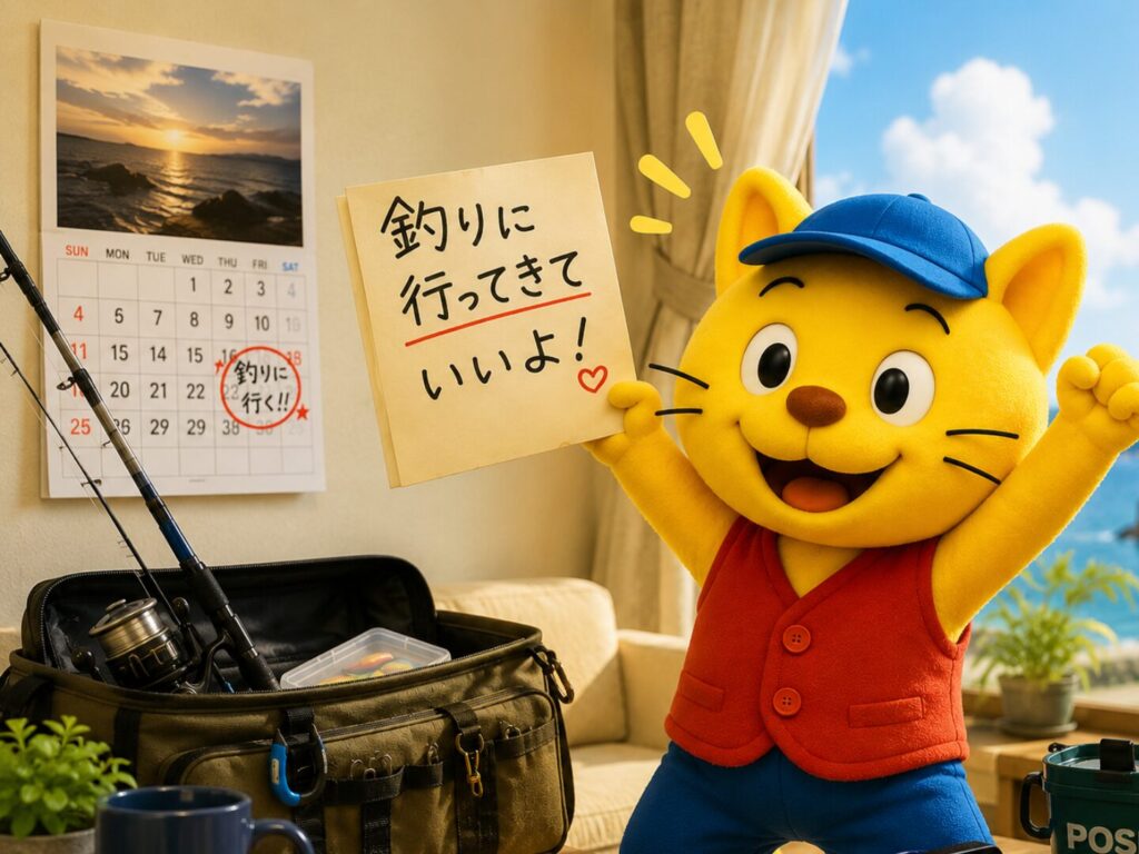 「釣りに行ってきていい」と自由な時間をもらって喜ぶ釣り人のイメージ