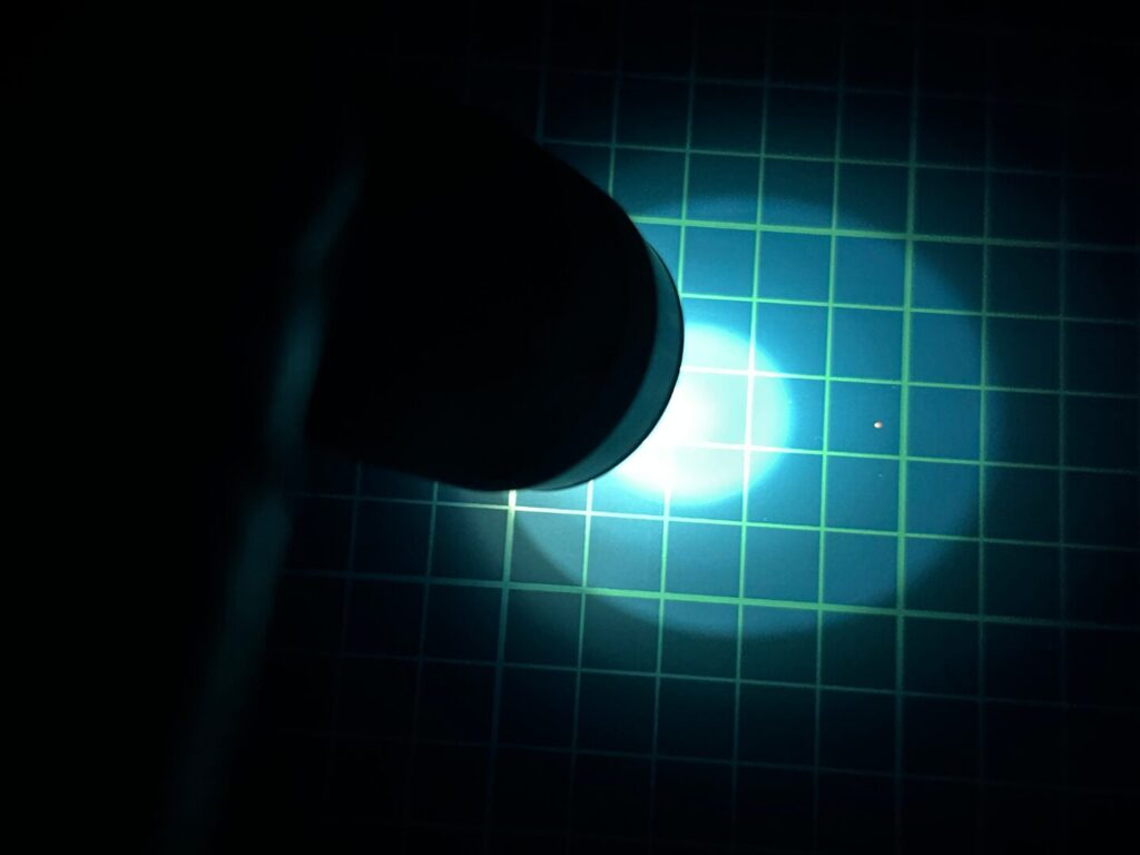 ラグゼ ハンディライト LETC365UV でUV照射した様子。アニサキスチェックや蓄光ジグの発光に使用