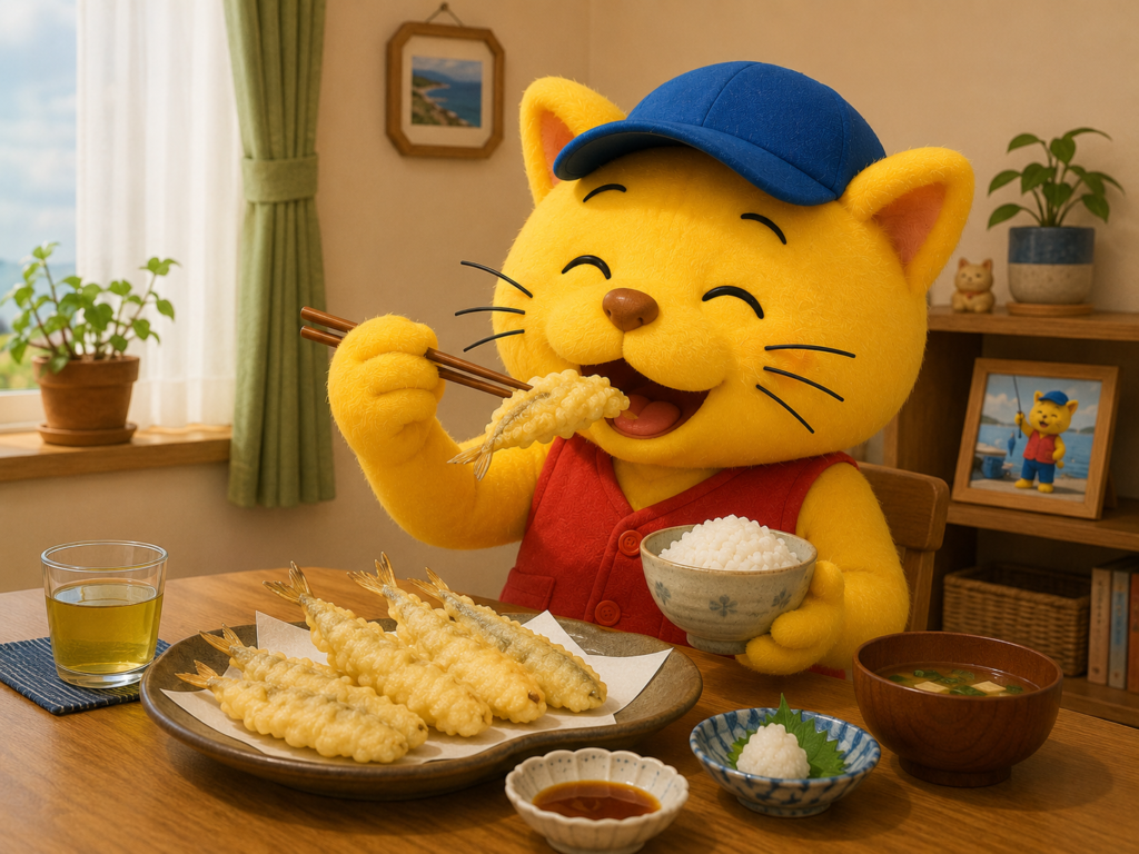 釣ったキスを天ぷらで食べているネコのキャラクター