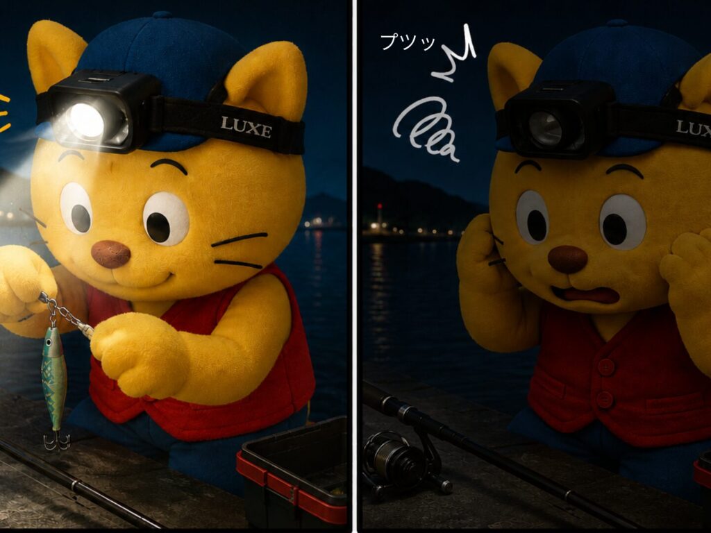 いきなりヘッドライトのバッテリーが切れて、困っているネコのキャラクター