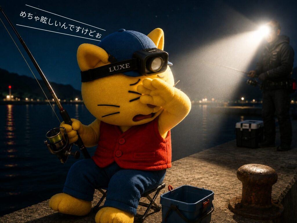 強めのヘッドライトの光を当てられて、眩しそうにしているネコのキャラクター