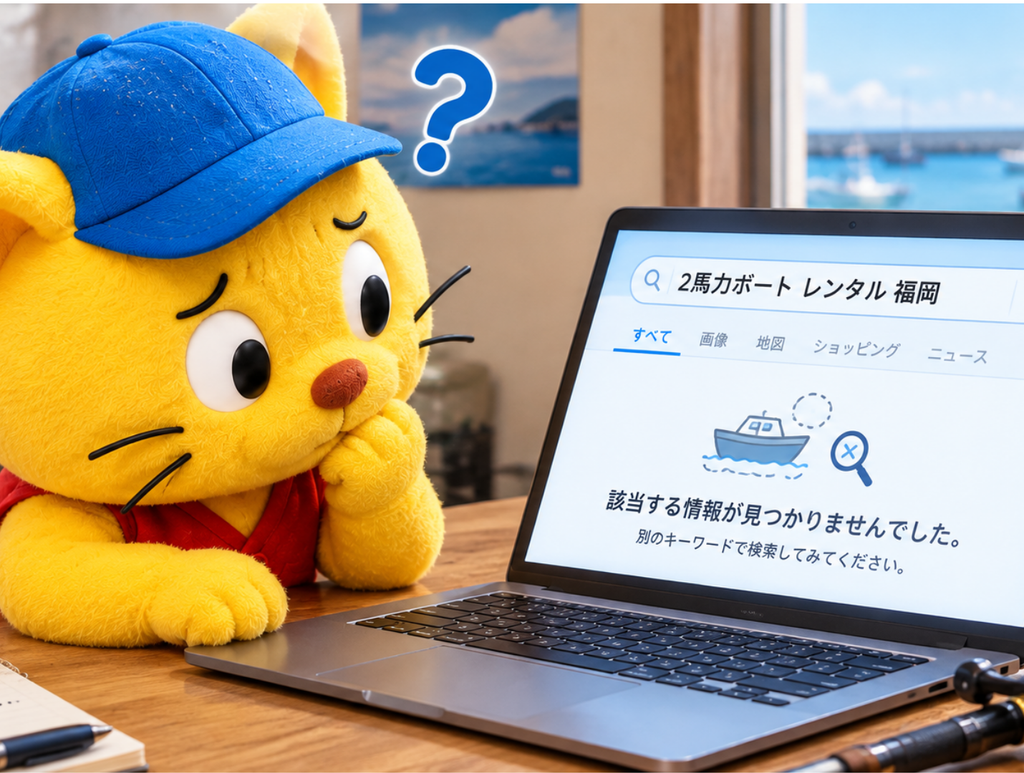 ネットで2馬力ボートのレンタルできるところを探すが見つからない様子