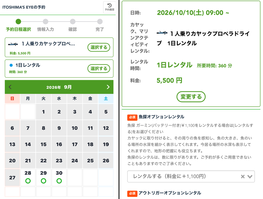 利用日、オプションの選択画面。