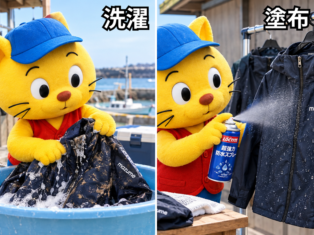 選択した後に防水スプレーを塗布している様子
