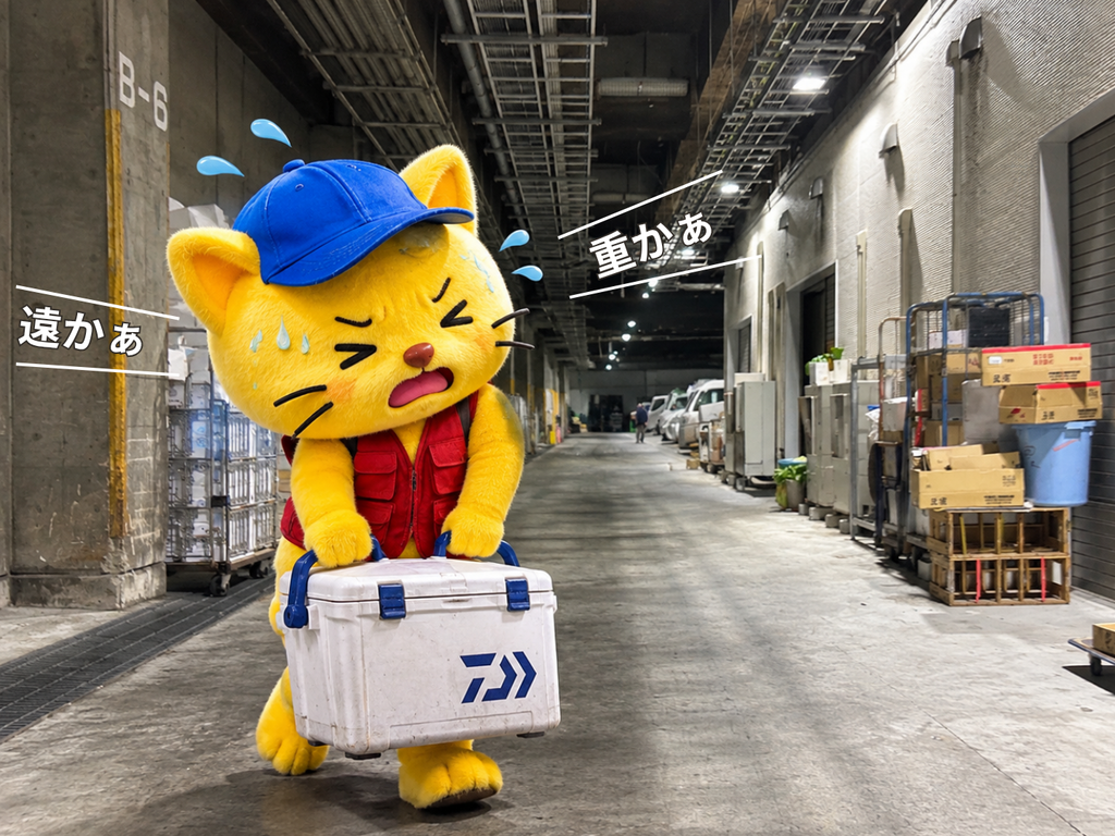 氷で重くなったクーラーボックスを持って移動しているネコのキャラクター