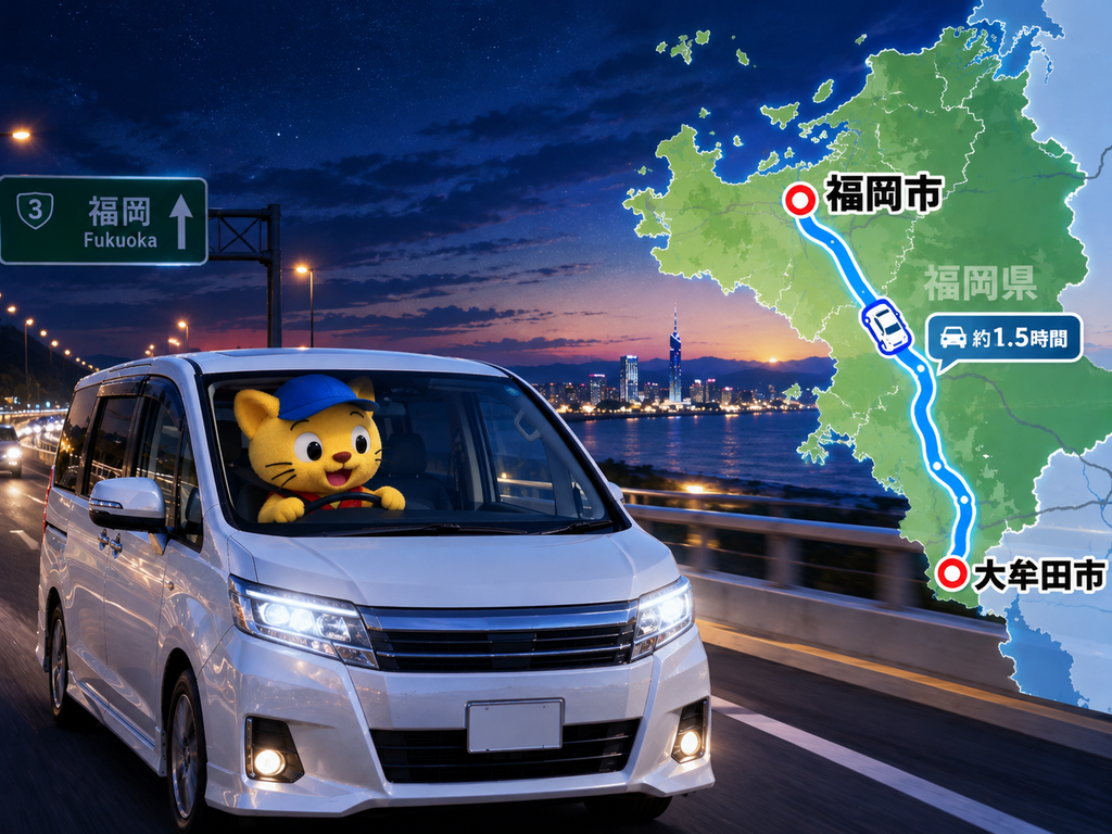 福岡市から大牟田市まで車で移動している様子