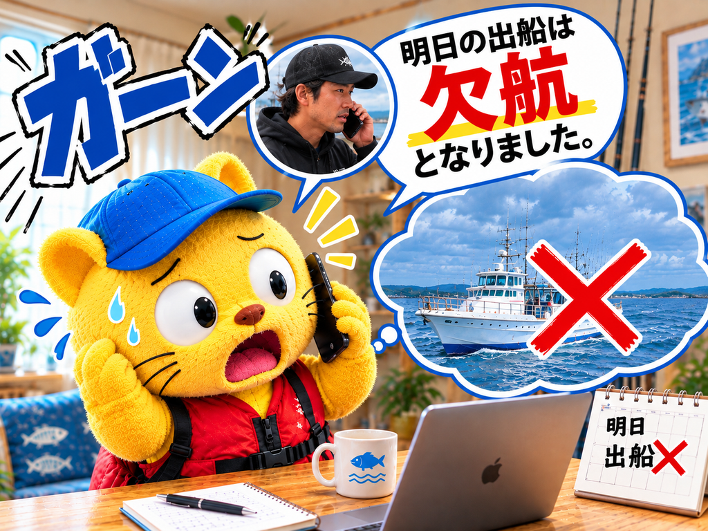 前日の遊漁船欠航の連絡があり、ショックを受けている様子